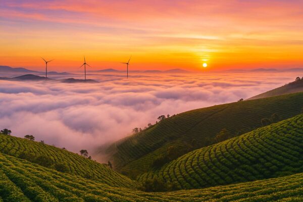 Toàn cảnh biển mây trắng bồng bềnh tại Đồi chè Cầu Đất, Đà Lạt lúc bình minh, phía xa là tua bin điện gió.