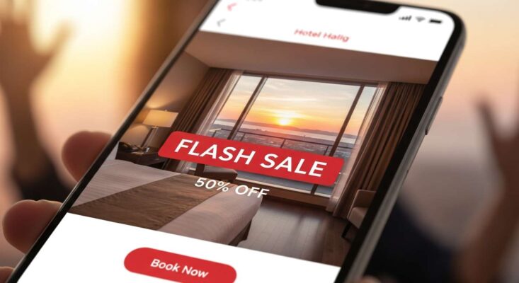 Điện thoại hiển thị thông báo "Flash Sale 50% OFF" khi săn deal đặt phòng khách sạn.