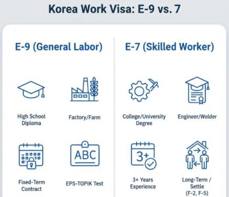 Infographic so sánh visa E-9 (lao động phổ thông) và E-7 (lao động kỹ thuật) của Hàn Quốc.
