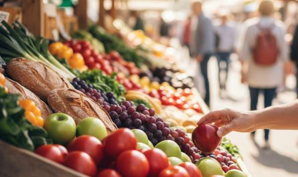 Một du khách đang mua trái cây tươi tại một khu chợ địa phương, minh họa cho việc tiết kiệm chi phí.