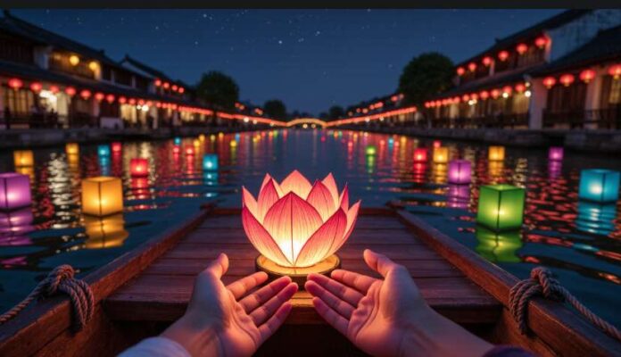 Đôi tay của một cặp đôi đang nhẹ nhàng thả chiếc đèn hoa đăng hình hoa sen xuống dòng sông Hoài lấp lánh.