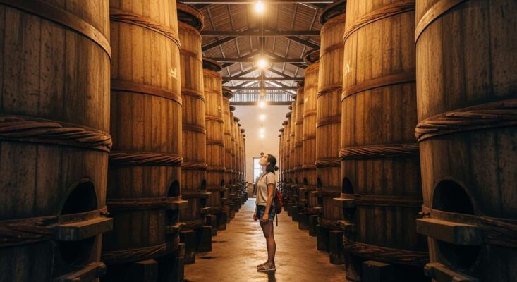 Trọn Bộ Kinh Nghiệm Du Lịch Phú Quốc 3 Ngày 2 Đêm (Cập Nhật 2026) 9 Du khách tham quan bên trong một nhà thùng nước mắm truyền thống ở Phú Quốc với các thùng gỗ lớn.