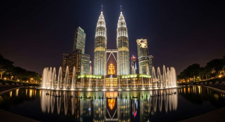 Tháp đôi Petronas, Kuala Lumpur, Malaysia, được thắp sáng rực rỡ vào ban đêm, nhìn từ công viên KLCC.
