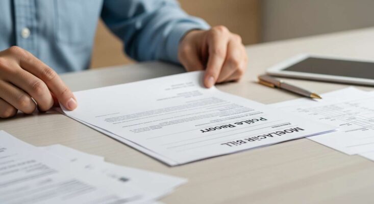 Hướng Dẫn Mua Bảo Hiểm Du Lịch Nước Ngoài Toàn Tập (A-Z) 8 Một người đang thu thập chứng từ (báo cáo cảnh sát, hóa đơn y tế) để yêu cầu bồi thường bảo hiểm.