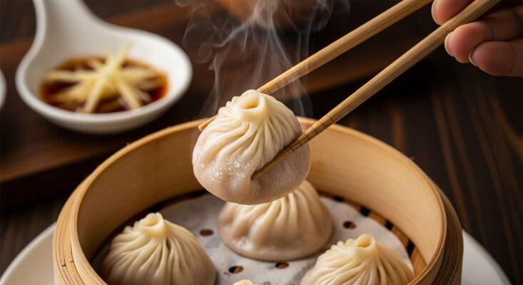 Cận cảnh một chiếc tiểu long bao (Xiao Long Bao) đang được gắp lên từ xửng hấp.