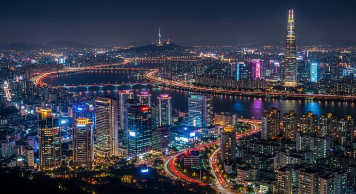 Toàn cảnh Seoul về đêm lung linh với các tòa nhà cao tầng và ánh đèn neon rực rỡ, thể hiện sự năng động của thành phố.