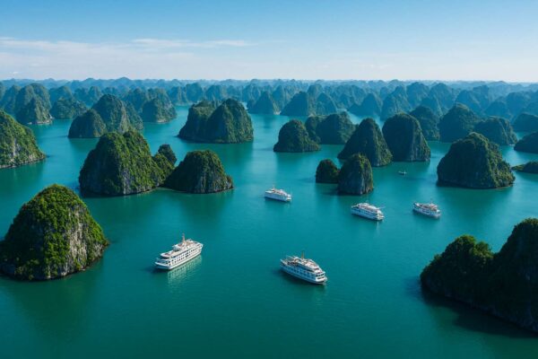Toàn cảnh Vịnh Hạ Long hùng vĩ nhìn từ trên cao, với hàng trăm đảo đá vôi và những chiếc du thuyền trắng sang trọng.