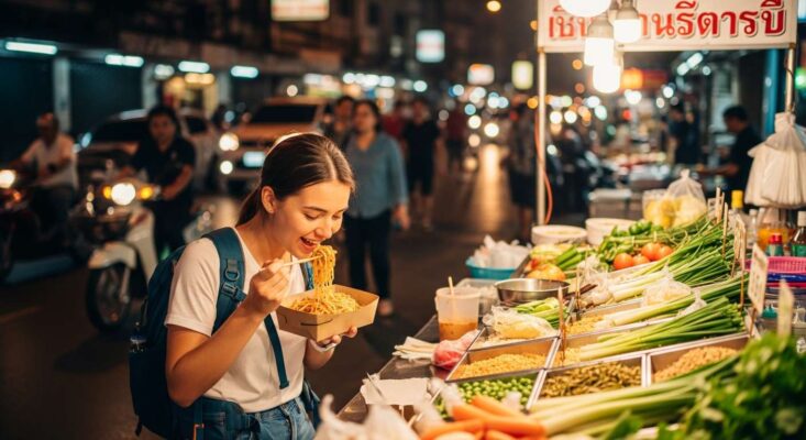 Du khách đang thưởng thức món Pad Thái thơm ngon tại một quầy hàng đường phố ở Bangkok.