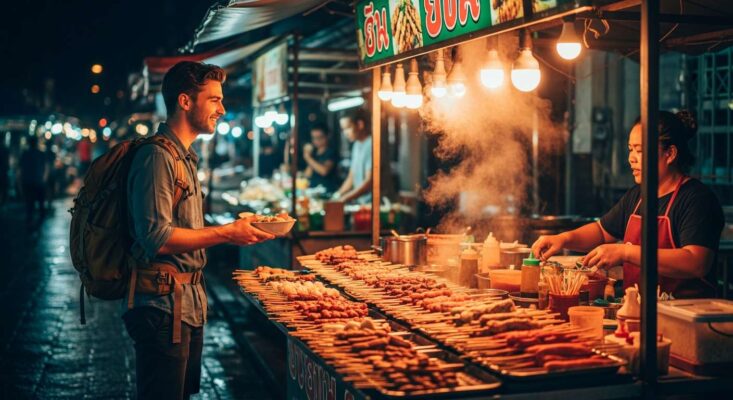 Du khách bụi (phượt thủ) đang vui vẻ mua đồ ăn tại một quầy street food ở chợ đêm.