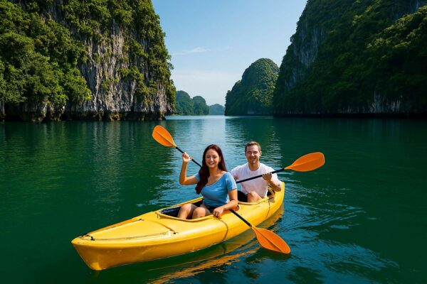 Một cặp đôi du khách đang vui vẻ chèo thuyền kayak màu vàng trên làn nước xanh biếc, giữa những vách núi đá vôi của Vịnh Hạ Long.