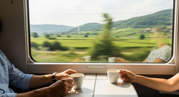 Cặp đôi thư giãn trên tàu hỏa cao tốc, ngắm nhìn vùng nông thôn châu Âu qua cửa sổ.