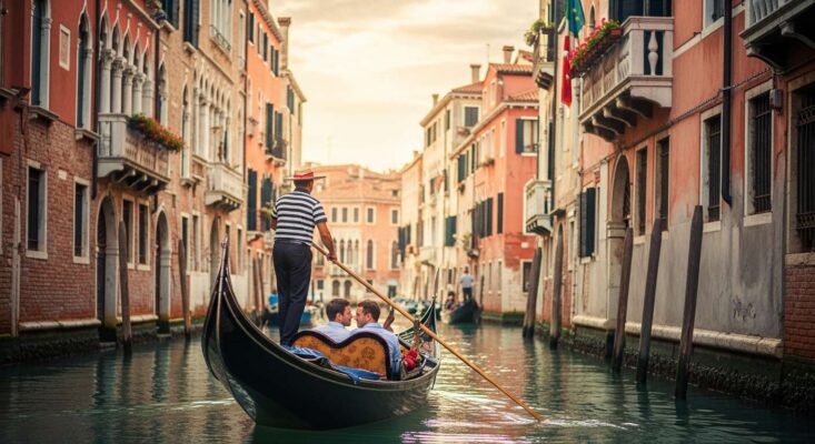 Cặp đôi đang đi thuyền Gondola, len lỏi qua kênh đào hẹp với các tòa nhà cổ kính ở Venice.