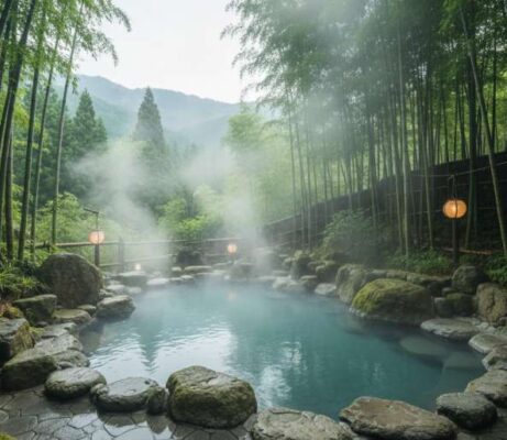 Một hồ tắm onsen (suối nước nóng) ngoài trời truyền thống của Nhật Bản, khung cảnh thanh bình giữa thiên nhiên