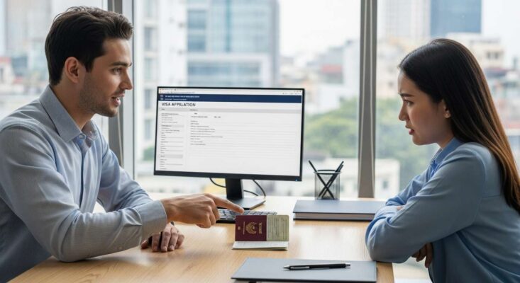 Chuyên viên tư vấn visa Trung Quốc khẩn cấp tại TPHCM đang đánh giá hồ sơ hộ chiếu cho khách hàng.