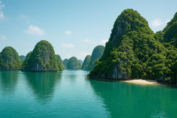 Khung cảnh hoang sơ, tĩnh lặng của Vịnh Bái Tử Long (hoặc Vịnh Lan Hạ) với làn nước trong xanh và các đảo đá vôi phủ cây xanh