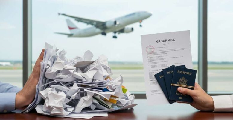 Hình ảnh so sánh visa đoàn (chỉ cần hộ chiếu) và visa cá nhân (nhiều giấy tờ tài chính).