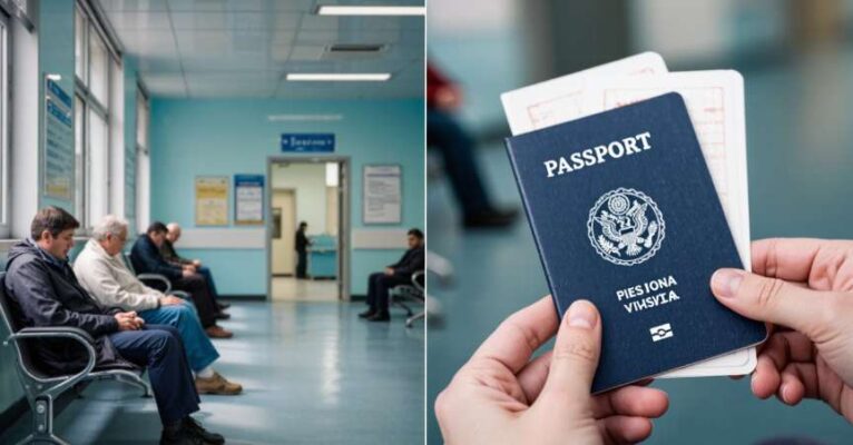 Hình ảnh chia đôi, một bên là bệnh viện, một bên là hộ chiếu có visa, thể hiện việc xin visa thăm thân khẩn cấp.