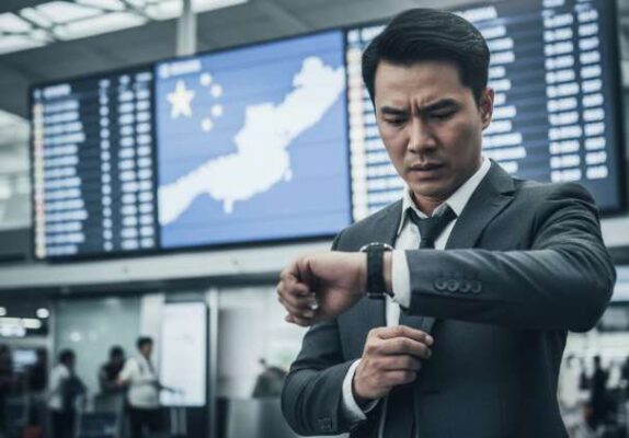 Doanh nhân vội vã xem đồng hồ tại sân bay Nội Bài, phía sau là Vạn Lý Trường Thành mờ ảo.