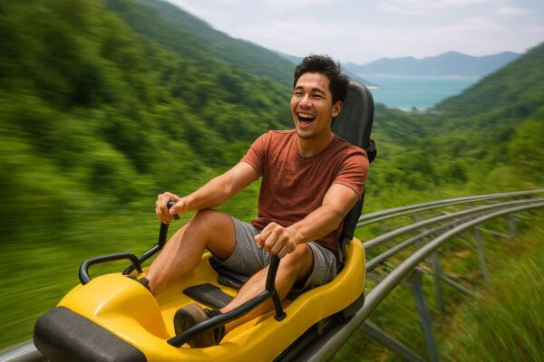 Du khách trải nghiệm xe trượt núi Alpine Coaster, trò chơi cảm giác mạnh tại VinWonders Nha Trang.