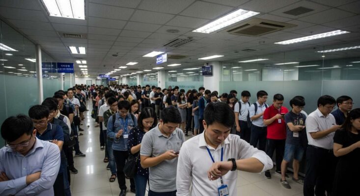 Dịch Vụ Gia Hạn Visa Hàn Quốc Uy Tín, Trọn Gói tại Hà Nội 8 Dòng người mệt mỏi xếp hàng dài chờ đợi tại Trung tâm tiếp nhận thị thực Hàn Quốc (KVAC) Hà Nội.