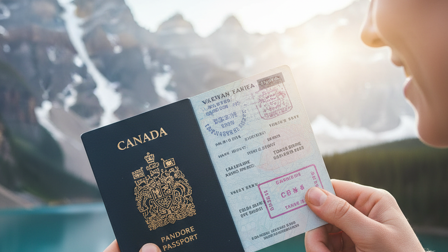 Hộ chiếu mở ra với nền là cảnh đẹp thiên nhiên hùng vĩ của Canada.
