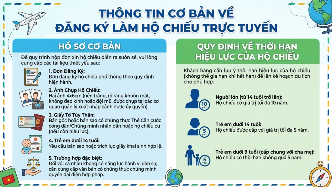 Hướng dẫn hồ sơ cơ bản và quy định thời hạn hiệu lực của hộ chiếu phổ thông.